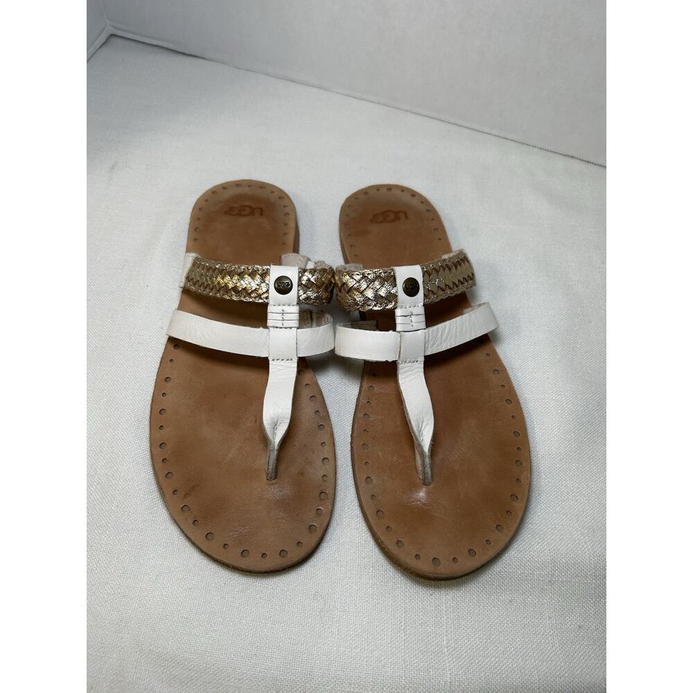 UGG Audra Leather Braided Thong Flip Flop Sandal Shoes Womens SZ 9 White/gold